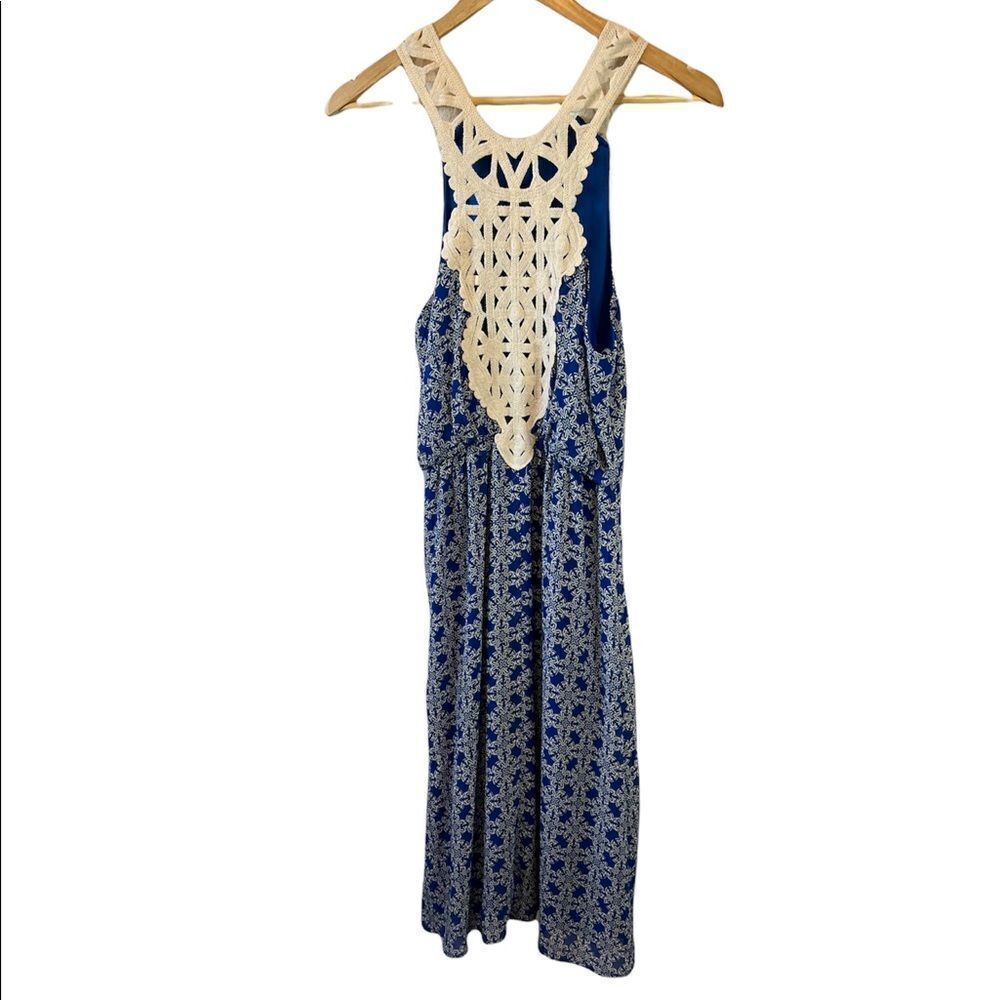 Blue Patterned Crochet Back Gathered Waist Long Dress M - Picture 8 of 11